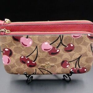 Coach Tan Cherry Double Zip Wallet
